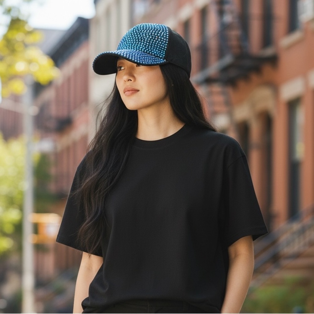 Woman’s black cap with blue sequin